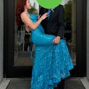 BLUE SPARKLY CORSET TOP CROSS BODY TIE IN THE BACK PRINCESS PROM DRESS